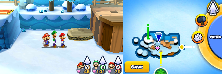 Group near an unflipped paper rock slab containing a 100-Coin in Mount Brrr of Mario & Luigi: Paper Jam.