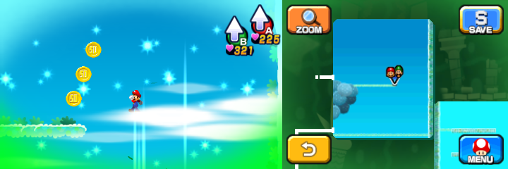 Mario near 3 50-Coins in Dreamy Somnom Woods accessed by the Dreampoint of Mario & Luigi: Dream Team.