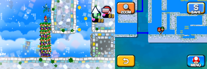 Mario and Luiginoids (in the shape of a stack) near 7 Coins (with 3 visible) in Dreamy Wakeport accessed by Big Massif's Dreampoint of Mario & Luigi: Dream Team.