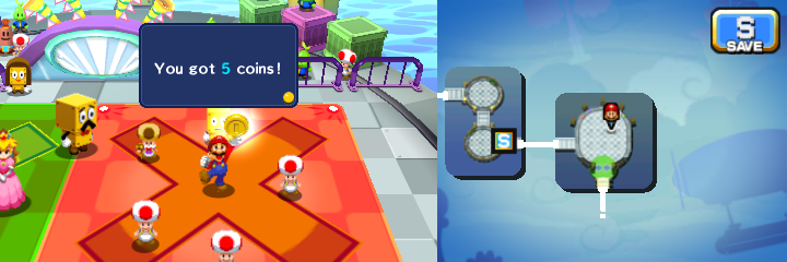 Mario being given 5 Coins from Broque Monsieur in Pi'illo Blimport of Mario & Luigi: Dream Team.