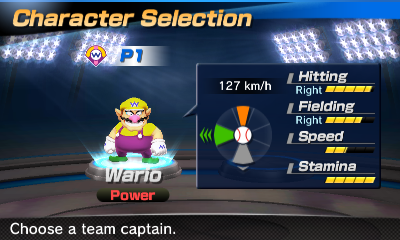 Wario's stats in the baseball portion of Mario Sports Superstars