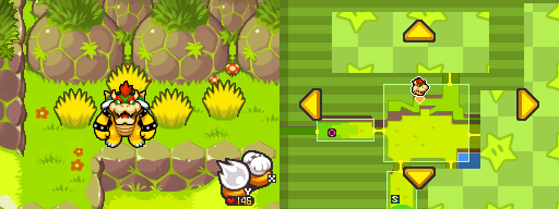 Bowser near 4 clumps of grass, in which 3 of them contain 2 Coins a Five Coin in Bumpsy Plains of Mario & Luigi: Bowser's Inside Story.