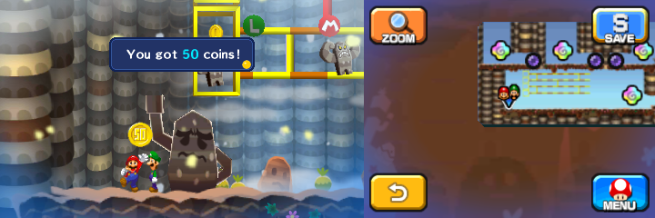 Mario getting a 50-Coin from completing the light puzzle found in Dreamy Mount Pajamaja accessed by the first Blue Pi'illo of Mario & Luigi: Dream Team.