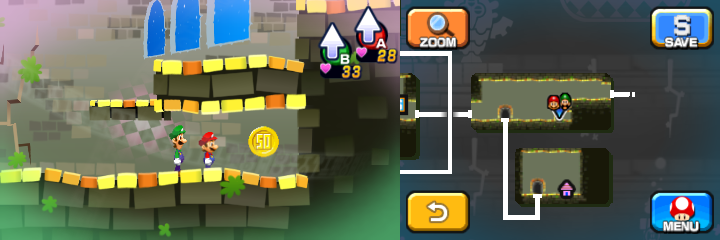 Mario and Luigi near a 50-Coin in Dreamy Pi'illo Castle accessed by a Dreampoint of Mario & Luigi: Dream Team.