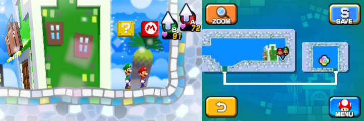 First two blocks in Dreamy Wakeport accessed by a Dreampoint with sleeping Big Massif of Mario & Luigi: Dream Team.