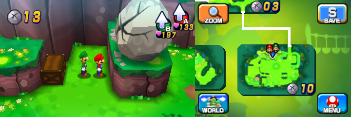Mario and Luigi near a boulder containing a Coin in Mushrise Park of Mario & Luigi: Dream Team.