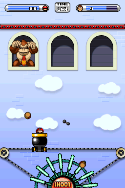 A screenshot of the battle against Donkey Kong in Room 1-DK from Mario vs. Donkey Kong 2: March of the Minis.