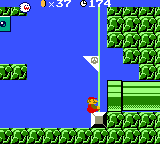 Illustration screenshot of World 2-2 (VS Game) in Super Mario Bros. Deluxe, showing, among other things, Mario, and underwater Goal Pole, and the distance counter on top showing that Boo is a bit behind the visible gameplay view.