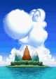 Yoshi's Island from a distant view, with a cloud shaped like Yoshi's head above