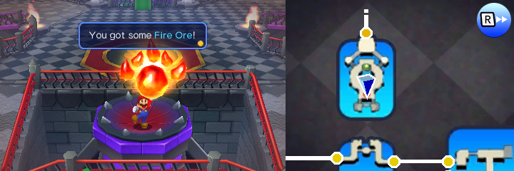 Mario picking up the Fire Ore in Neo Bowser Castle of Mario & Luigi: Paper Jam.