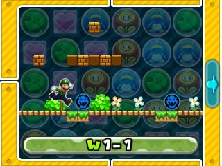 Screenshot of a cut-out of Luigi traversing through World 1-1 on the map screen, from Puzzle & Dragons: Super Mario Bros. Edition.