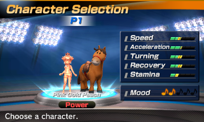 Pink Gold Peach's stats in the horse racing portion of Mario Sports Superstars