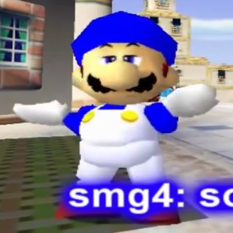 A picture of SMG4 (not a Super Mario character, just a YouTuber) doing the shrug-like animation from Super Mario 64. It happens when you complete a course/mission without Mario's Cap. It is an edited version.