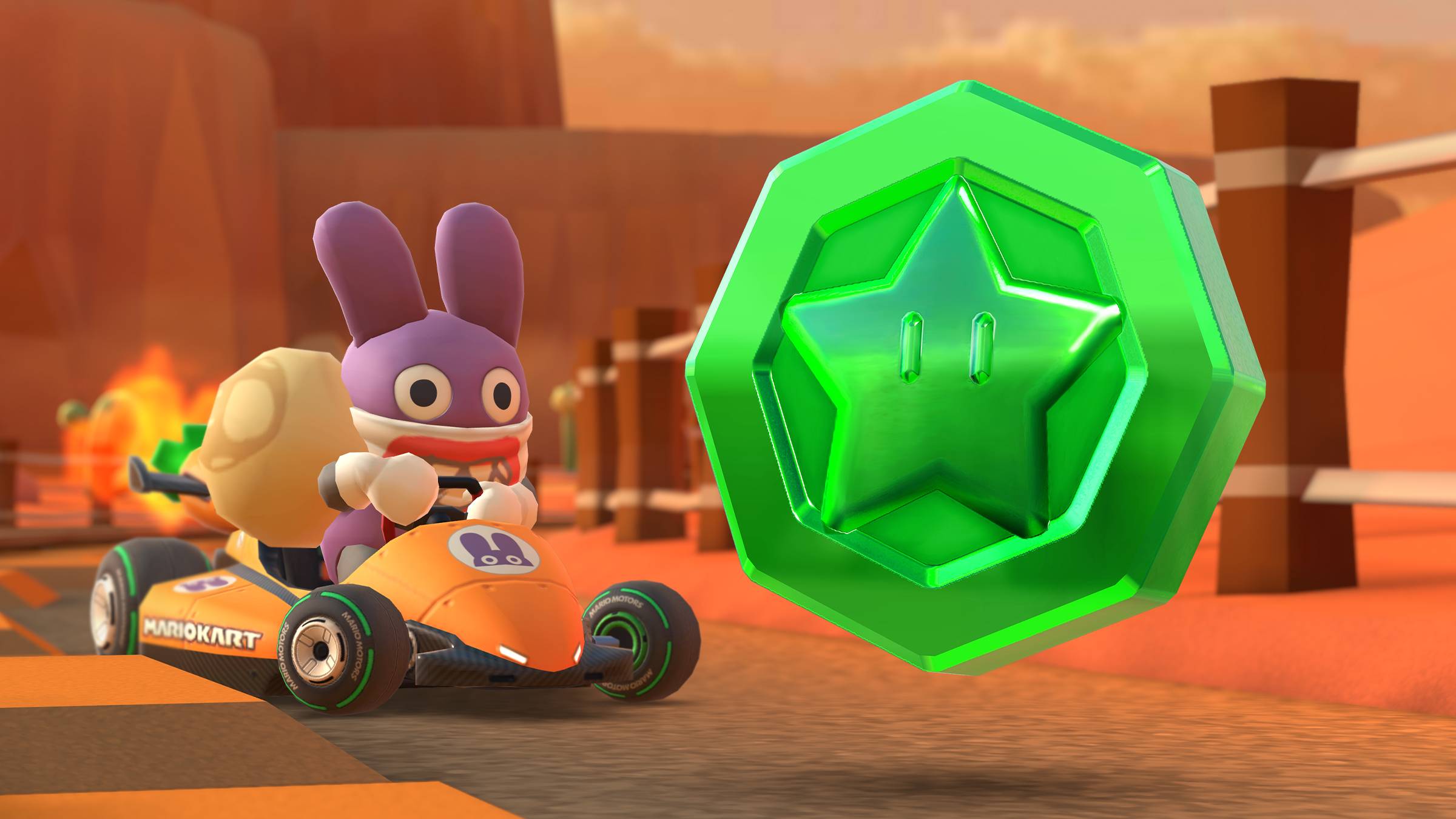 Nabbit driving towards an event token in the Carrot Kart
