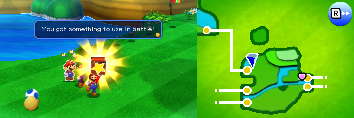 Mario getting the Trio Hammer and Trio Racquet Trio Attack from the Delivery Toad in Sunbeam Plains of Mario & Luigi: Paper Jam.