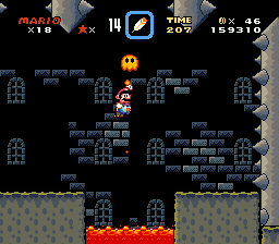 Mario jumping right under a Lava Bubble while avoiding the logs with thorns on them in the level Valley Fortress.