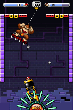 A screenshot of the battle against Donkey Kong in Boss Game 4 from Mario vs. Donkey Kong 2: March of the Minis.