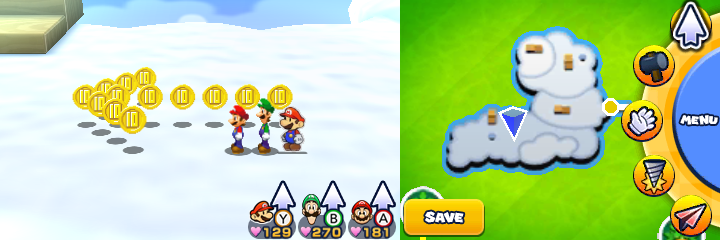 Group near 13 10-Coins in Sunbeam Plains of Mario & Luigi: Paper Jam.
