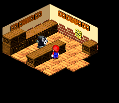 Snifster giving Mario the Beetle Box and Coins for Beetles in Seaside Town of Super Mario RPG: Legend of the Seven Stars.