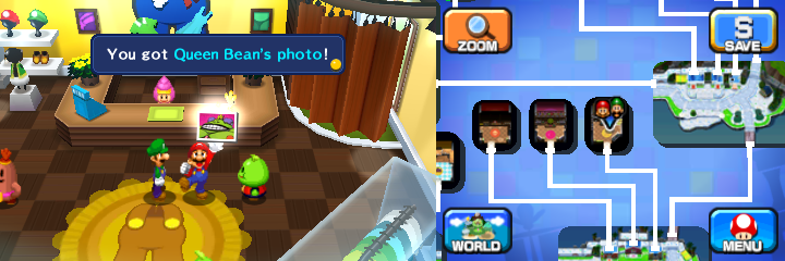 Mario getting the Queen Bean's Photo from fat Beanish person in Wakeport of Mario & Luigi: Dream Team.