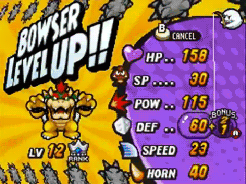 Bowser's level up screen