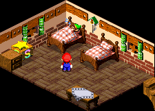 Link sleeping at the Rose Town Inn in Super Mario RPG: Legend of the Seven Stars.