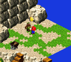 Mario getting 5 10-Coins after breaking the record in Moleville Mountain minigame in Moleville of Super Mario RPG: Legend of the Seven Stars.