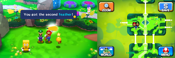 Mario picking up the Left Wing in Mushrise Park of Mario & Luigi: Dream Team.