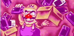 Wario with a box full of Game Boy Advance consoles