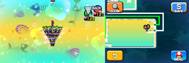 Mario and Luiginoids (in the shape of a cone) near 5 Coins in Dreamy Driftwood Shore housing Seadric the Seadring of Mario & Luigi: Dream Team.