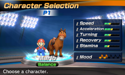 Mario's stats in the horse racing portion of Mario Sports Superstars