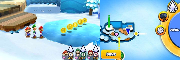 Group near 3 Five Coins and 2 10-Coins in Mount Brrr of Mario & Luigi: Paper Jam.