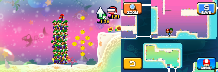 Mario and Luiginoids (in the shape of a stack) near 22 Coins (with 9 visible) in Dreamy Driftwood Shore housing Seadric the Seadring of Mario & Luigi: Dream Team.