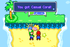 Mario and Luigi getting the Casual Coral from pink Oho Jee in Oho Ocean of Mario & Luigi: Superstar Saga.