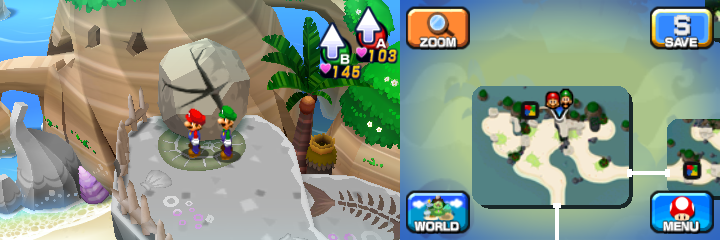 Mario and Luigi near a boulder containing a Coin in Driftwood Shore of Mario & Luigi: Dream Team.