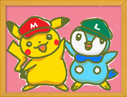 Drawing depicting a Pikachu and a Piplup with Mario and Luigi's Cap, used on the official Japanese website for Pokémon Art Academy