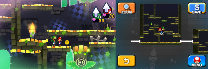 Mario and Luigi near a Coin in Dreamy Pi'illo Castle accessed by a Pink Pi'illo of Mario & Luigi: Dream Team.