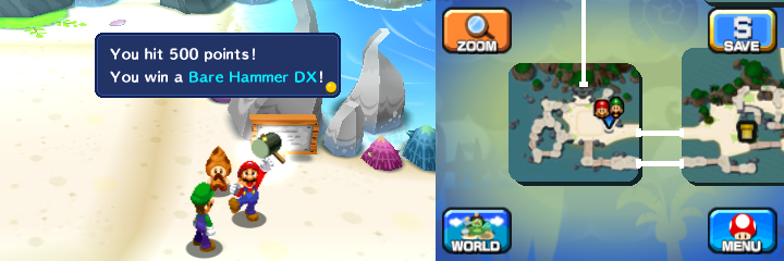 Mario getting the Bare Hammer DX from Mole Hunt old man in Driftwood Shore of Mario & Luigi: Dream Team.