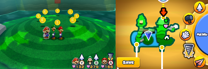 Group near 4 Five Coins and 4 10-Coins in Gloomy Woods of Mario & Luigi: Paper Jam.