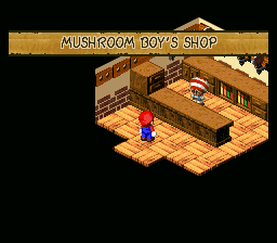 Mario looking at Mushroom Boy in his shop.