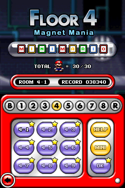 Magnet Mania, displayed on the level select menu from Mario vs. Donkey Kong 2: March of the Minis.