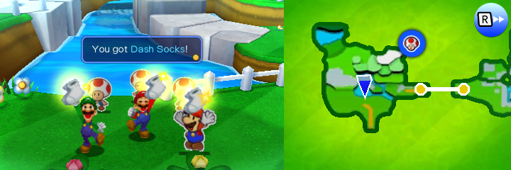Group getting the Dash Socks from the trio of Paper Toads in Paper Toad Rescue mission of Mario & Luigi: Paper Jam.