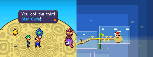 Mario and Luigi getting the green Star Cure from Chakron in Plack Beach of Mario & Luigi: Bowser's Inside Story.