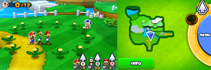 Group near 12 spinny flowers containing a Coin each in Paper Toad Pursuit mission of Mario & Luigi: Paper Jam.