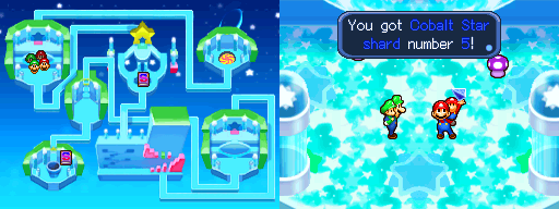 The quartet picking up the second Cobalt Star Shard in Star Shrine of Mario & Luigi: Partners in Time.