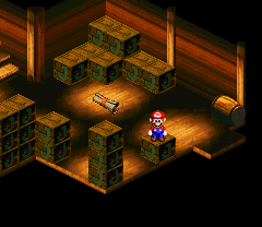 Mario finding 16 10-Coins in the fourth puzzle room of Sunken Ship of Super Mario RPG: Legend of the Seven Stars.