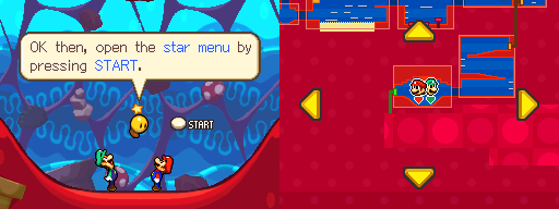 Mario, Luigi and Starlow in Trash Pit of Mario & Luigi: Bowser's Inside Story, before entering the Star Menu tutorial, where two Mushrooms can spawn.