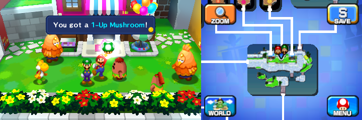 Mario getting a 1-Up Mushroom from Hoolo in Wakeport of Mario & Luigi: Dream Team.