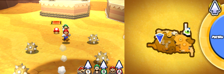 Group near a dropped Mushroom in Catch Nabbit! mission of Mario & Luigi: Paper Jam.