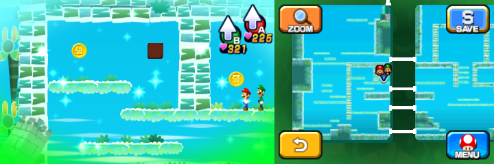 Mario and Luigi near a 50-Coin in Dreamy Somnom Woods accessed by the Dreampoint of Mario & Luigi: Dream Team.